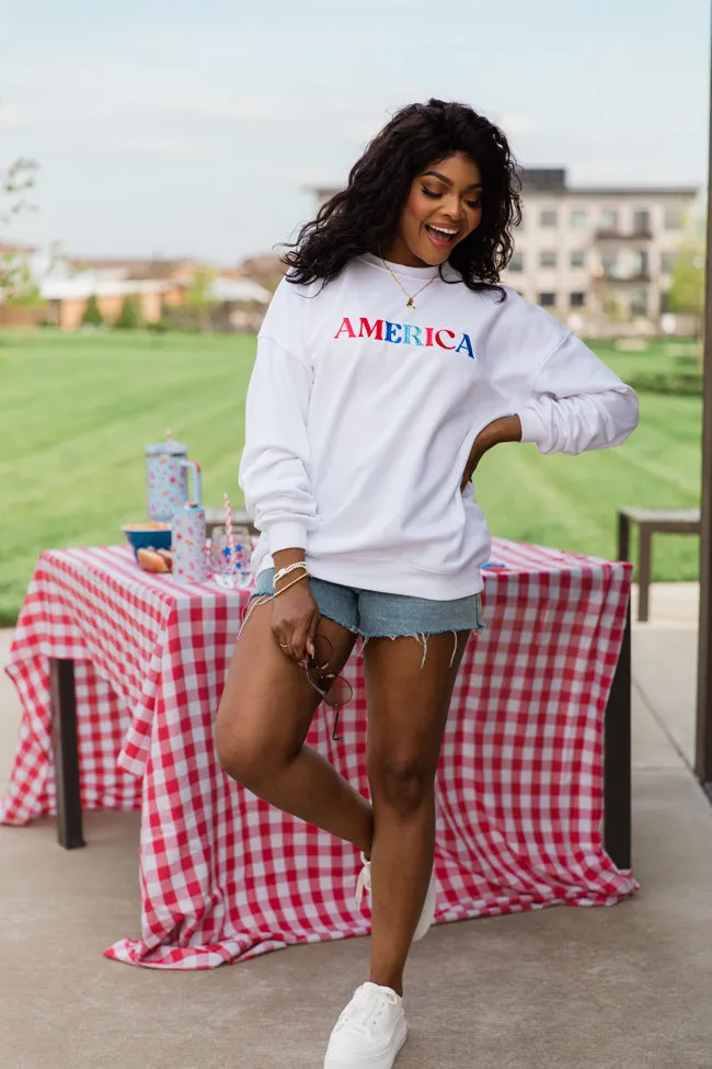 America Multi Embroidery White Graphic Sweatshirt FINAL SALE sold by Pink Lily product image thumbnail 2