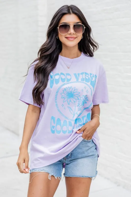 Good Vibes Lilac Oversized Graphic Tee sold by Pink Lily