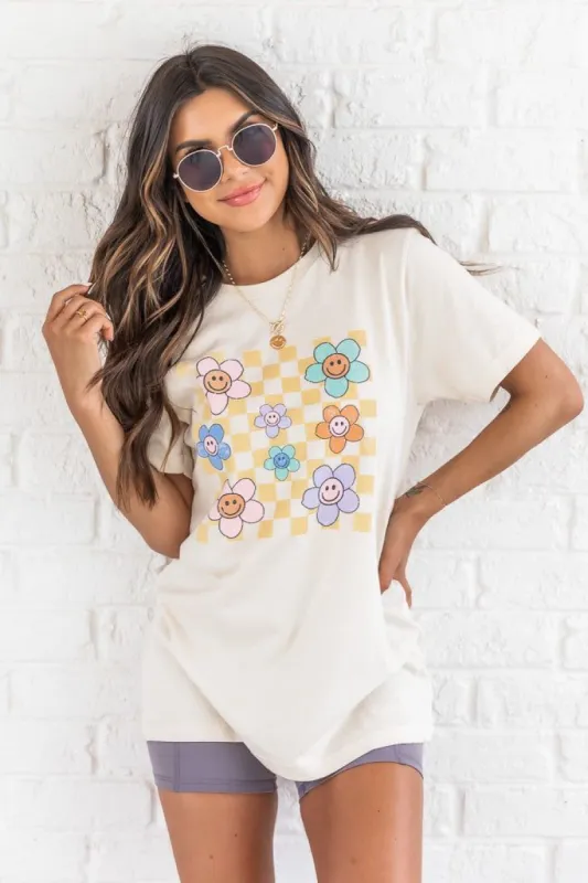 Daisy Checkered Smiles Cream Graphic Tee sold by Pink Lily