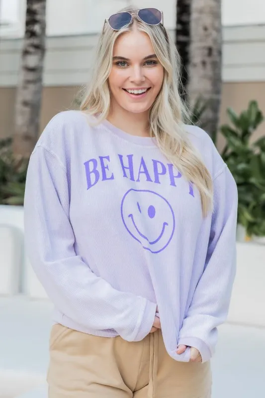 Be Happy Smiley Lilac Corded Graphic Sweatshirt sold by Pink Lily