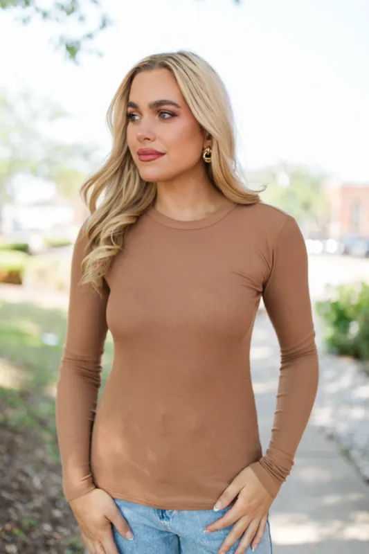 Make Your Choice Brown Ribbed Long Sleeve Tee FINAL SALE sold by Pink Lily