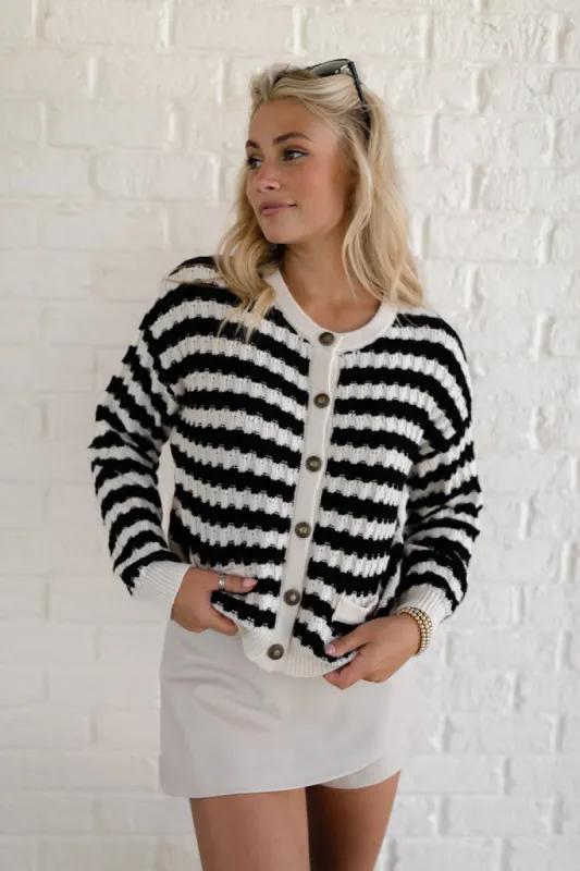 Just Say When Black and Ivory Striped Textured Cardigan FINAL SALE sold by Pink Lily
