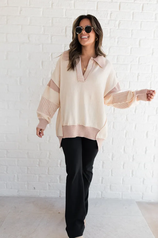 Think About It Cream and Mauve Collared Oversized Sweater FINAL SALE sold by Pink Lily