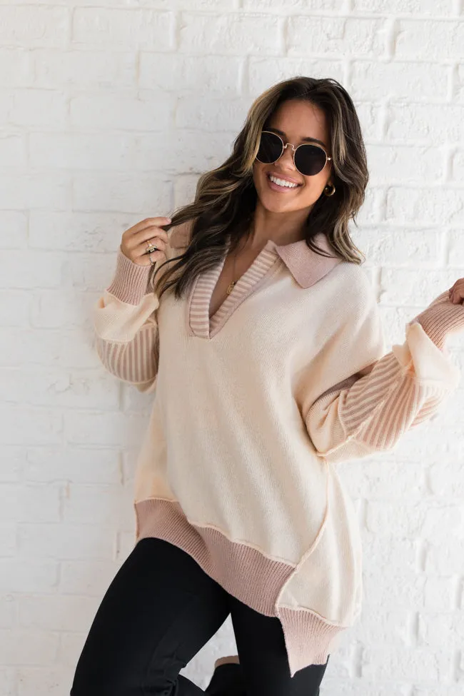 Think About It Cream and Mauve Collared Oversized Sweater FINAL SALE sold by Pink Lily product image thumbnail 2