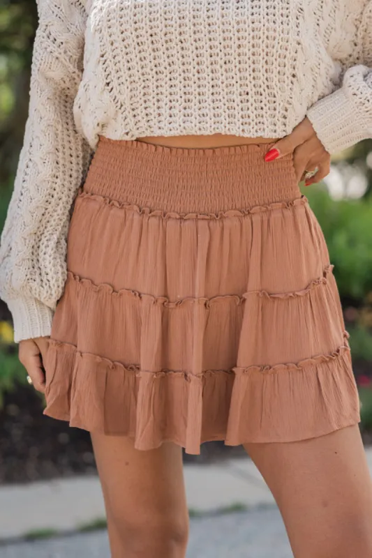 Through The Garden Camel Solid Mini Skort sold by Pink Lily