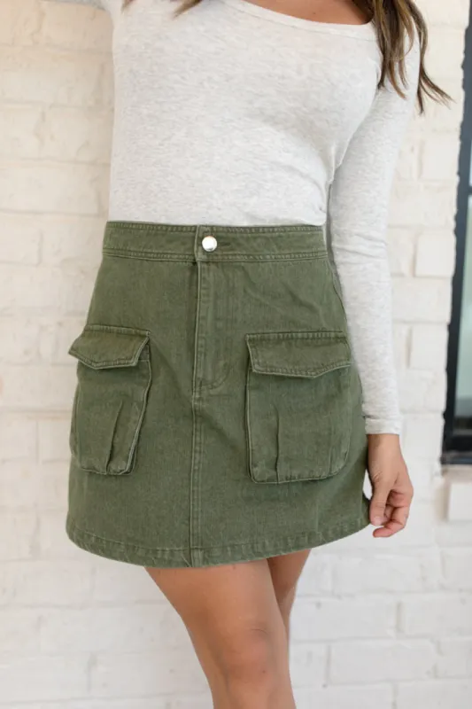 Worn In Love Olive Cargo Denim Mini Skort SALE sold by Pink Lily