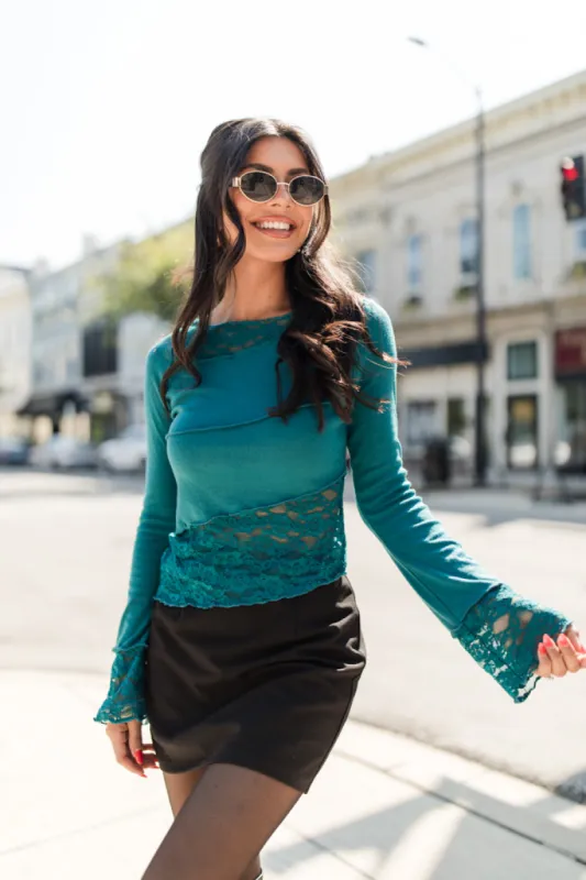 Full Of Joy Teal Asymmetrical Hem Lace Detail Top FINAL SALE sold by Pink Lily