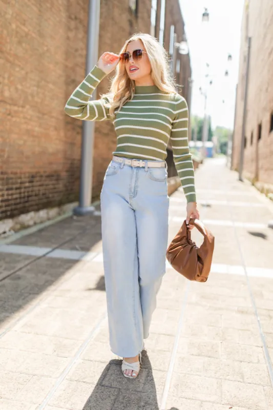 Cabin Bound Olive Striped Fitted Mock Neck Sweater FINAL SALE sold by Pink Lily