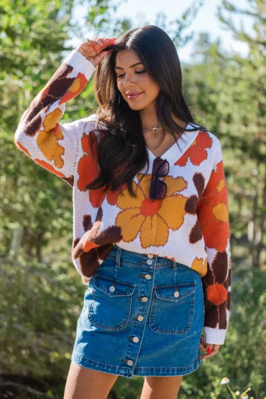 Lively Love Brown Multi V-Neck Floral Print Sweater sold by Pink Lily