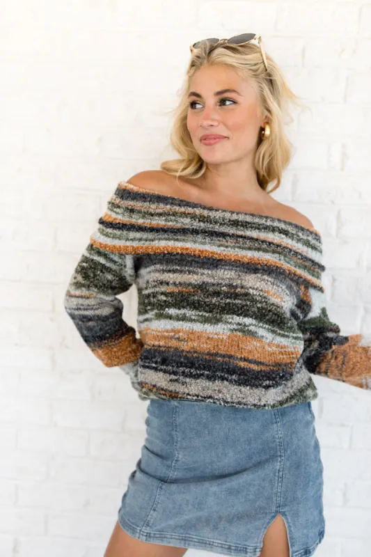 Happy Harvest Olive Off The Shoulder Multi Color Sweater SALE sold by Pink Lily