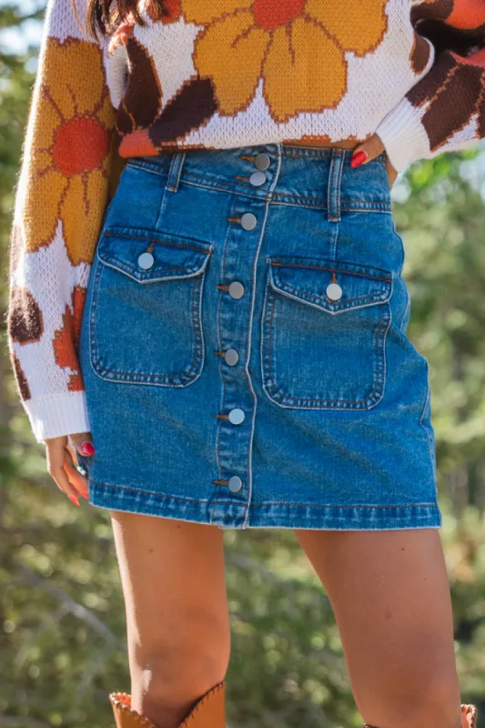 Looking Back Medium Wash Button Front Denim Mini Skirt FINAL SALE sold by Pink Lily