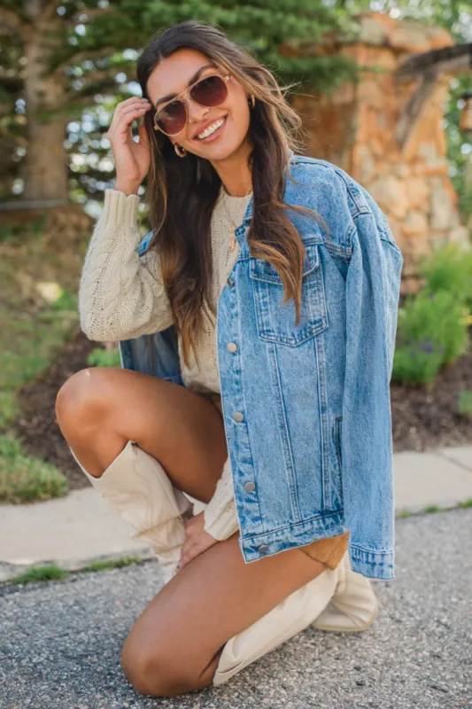 Let's Hear It Medium Wash Boyfriend Denim Jacket SALE sold by Pink Lily