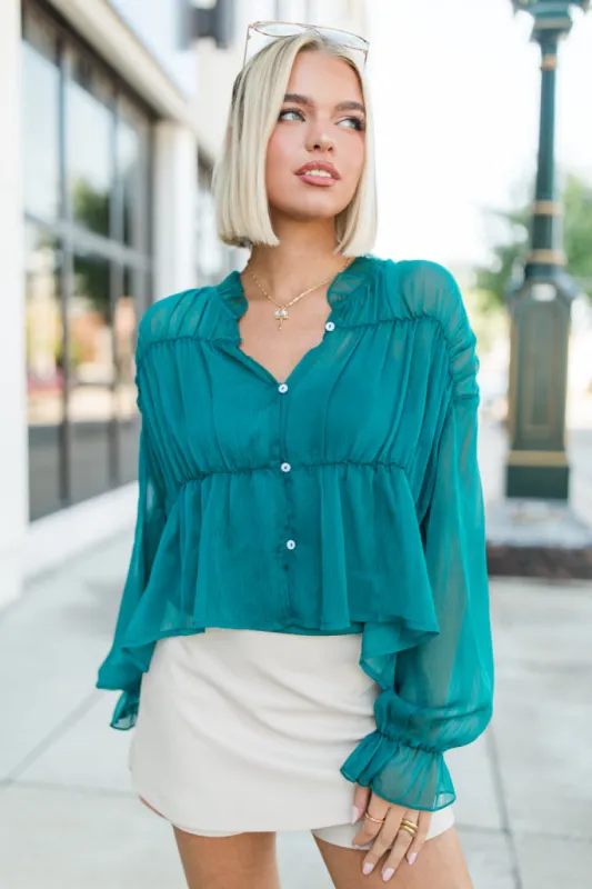 Breathe Deeper Jade Sheer Ruched Blouse FINAL SALE sold by Pink Lily