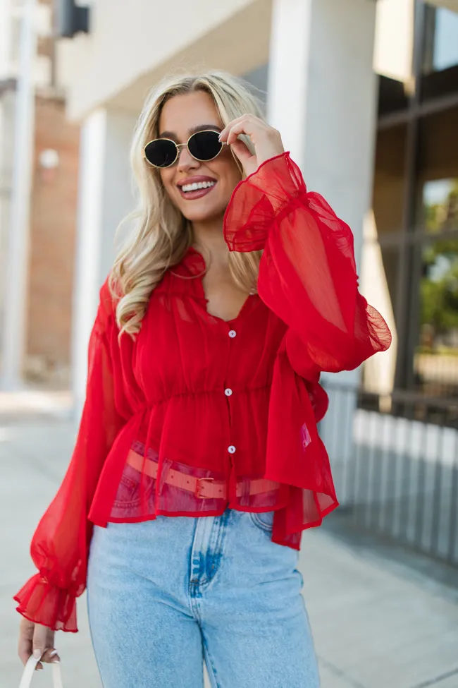 Breathe Deeper Red Sheer Ruched Blouse FINAL SALE sold by Pink Lily