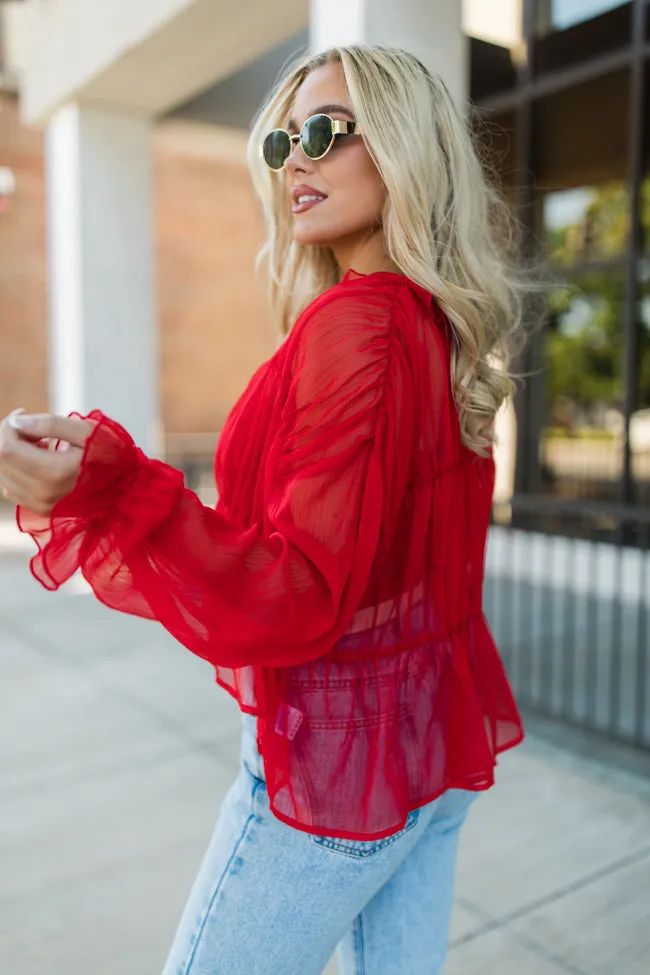 Breathe Deeper Red Sheer Ruched Blouse FINAL SALE sold by Pink Lily product image thumbnail 4