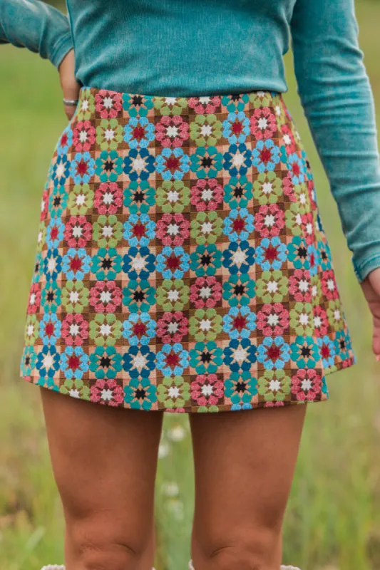 Sweet Escapes Teal Multi Jacquard Floral Skort sold by Pink Lily