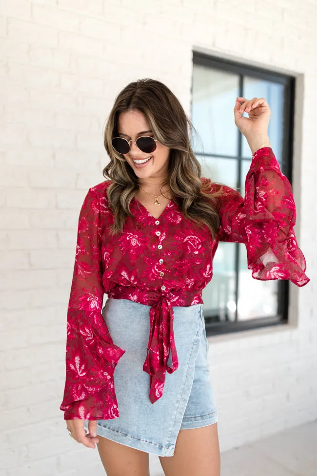 Don't Wait Up Berry Floral Bell Sleeve Tie Front Blouse FINAL SALE sold by Pink Lily