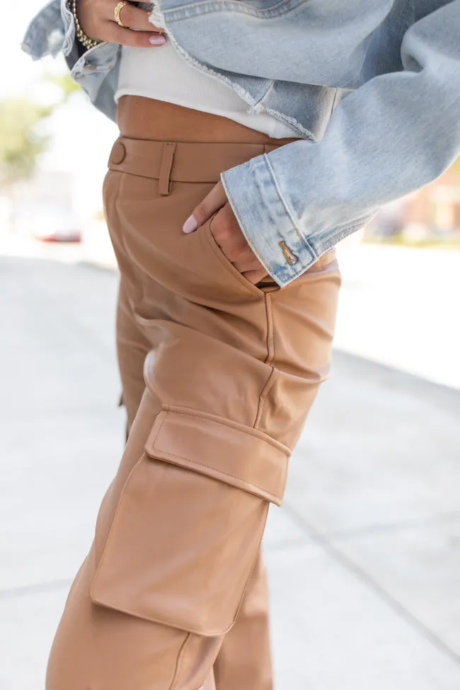 Follow My Lead Camel Faux Leather Cargo Pants FINAL SALE sold by Pink Lily product image thumbnail 3