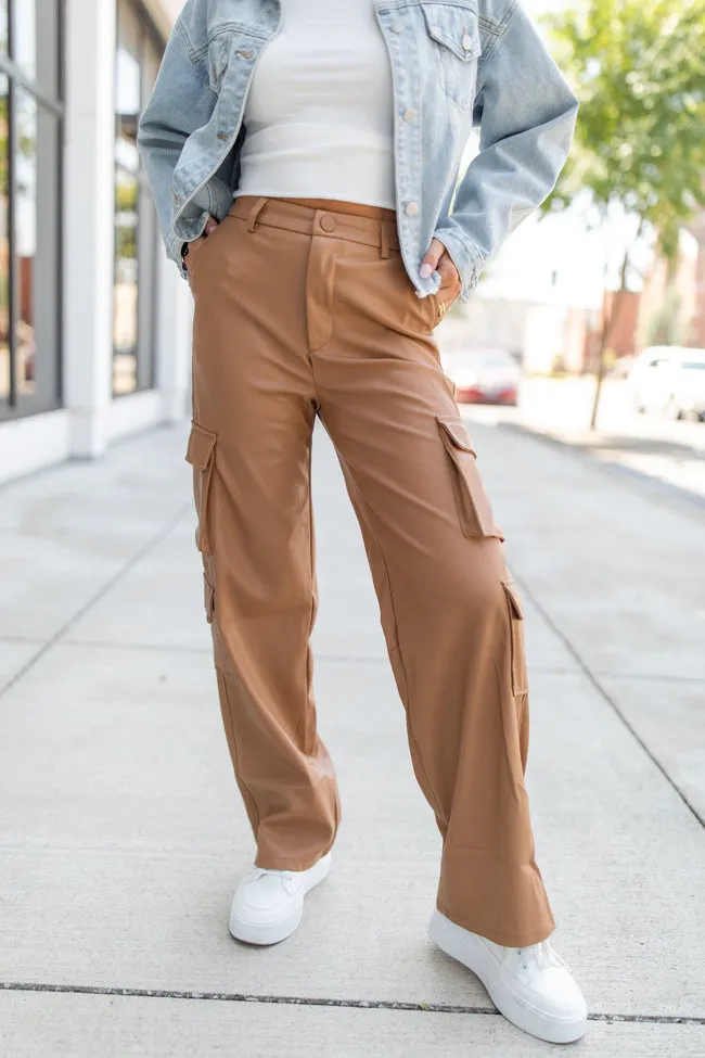 Follow My Lead Camel Faux Leather Cargo Pants FINAL SALE sold by Pink Lily