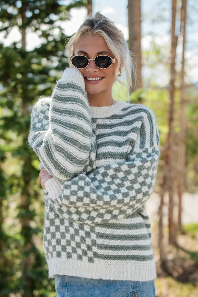 Somewhere In Time Olive Striped and Checkered Sweater sold by Pink Lily product image thumbnail 3