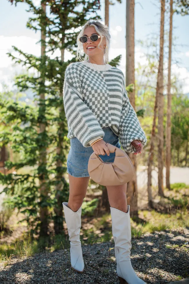 Somewhere In Time Olive Striped and Checkered Sweater sold by Pink Lily product image thumbnail 2