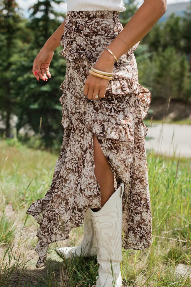 The Way Love Goes Brown Floral Ruffled Detail Midi Skirt FINAL SALE sold by Pink Lily product image thumbnail 3