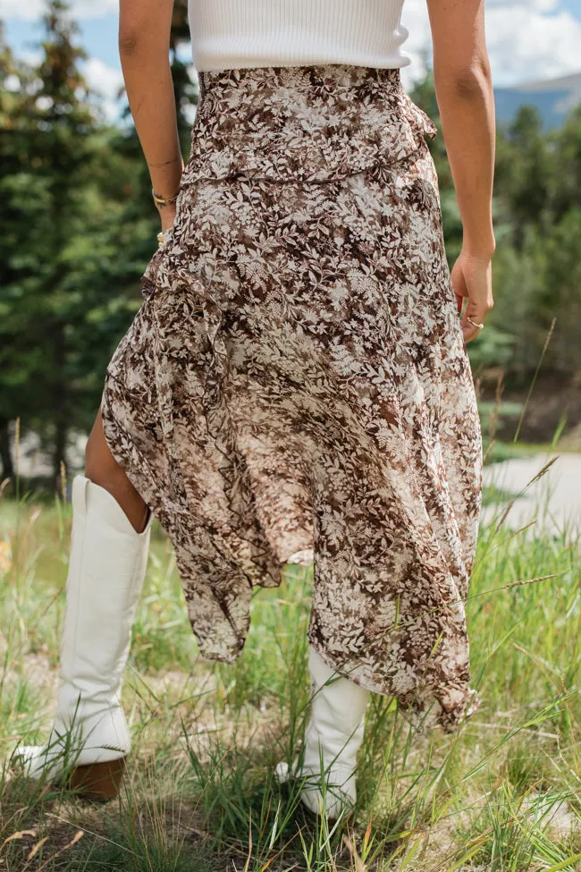 The Way Love Goes Brown Floral Ruffled Detail Midi Skirt FINAL SALE sold by Pink Lily product image thumbnail 5