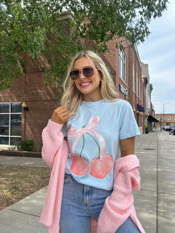 Pink Cherries Chambray Comfort Colors Graphic Tee sold by Pink Lily