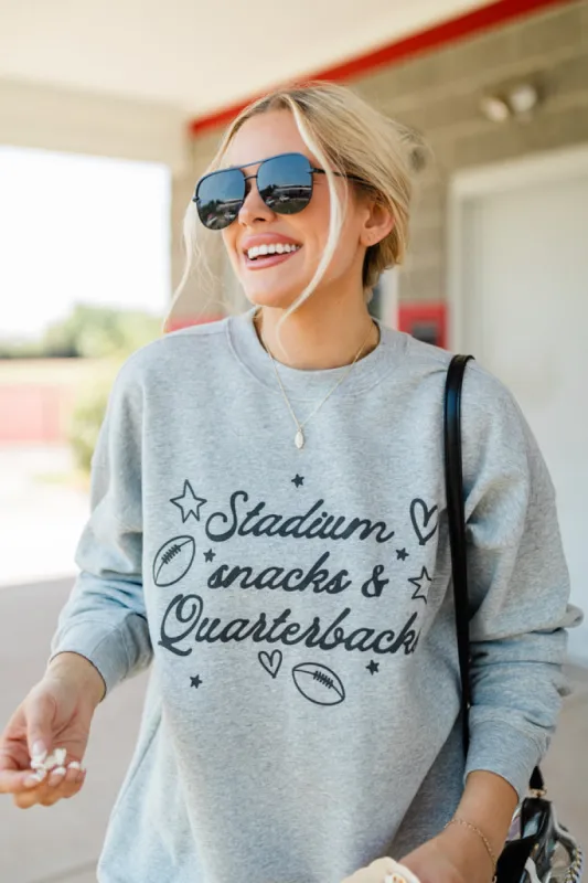 Stadium Snacks And Quarterbacks Light Grey Oversized Graphic Sweatshirt sold by Pink Lily