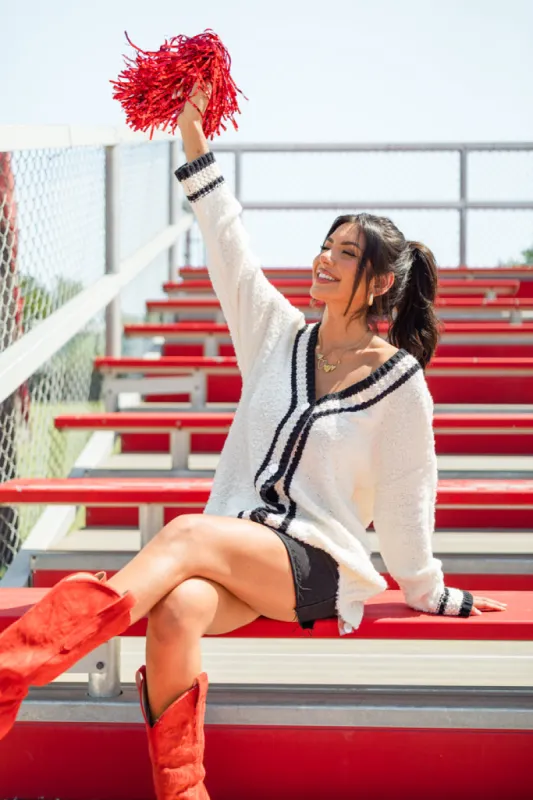 She's Cheer Captain Ivory and Black Textured Trim Cardigan FINAL SALE sold by Pink Lily