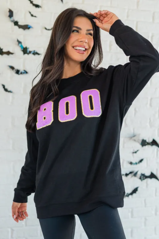 BOO Chenille Patch Black Oversized Graphic Sweatshirt FINAL SALE sold by Pink Lily