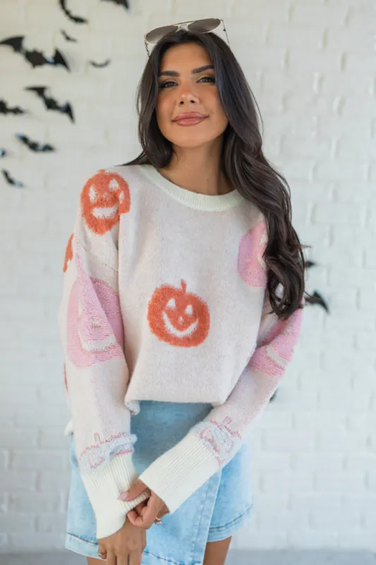 Pumpkin Queen Ivory Multi Fuzzy Embroidered Sweater FINAL SALE made by Pink Lily