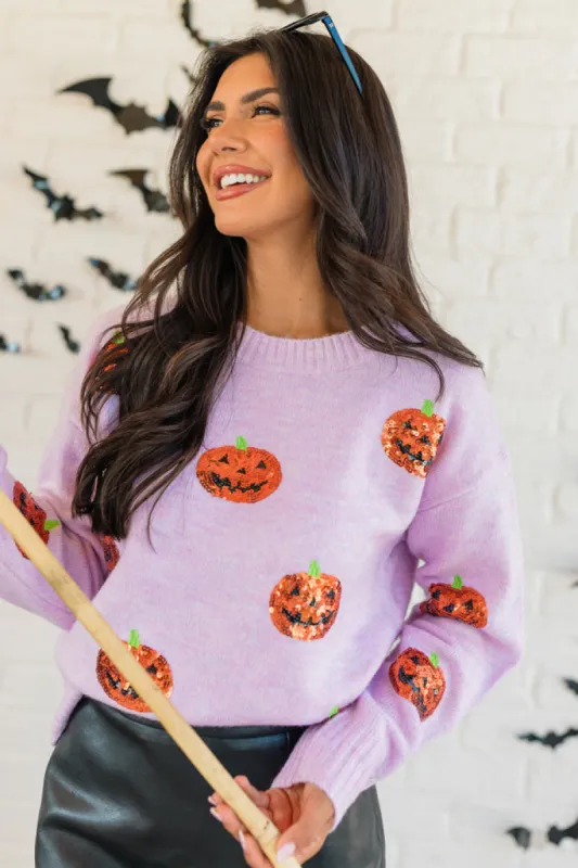 Haunt Mess Purple Sequin Pumpkin Crew Neck Sweater SALE sold by Pink Lily