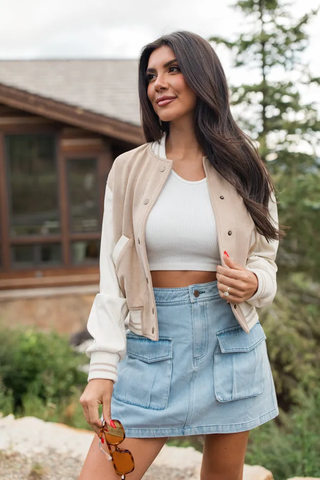 Play The Game Khaki Faux Suede and Leather Varsity Jacket FINAL SALE sold by Pink Lily