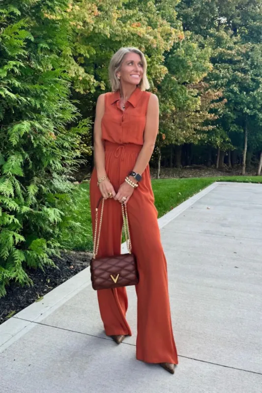 Sadie Grace Terracotta Jumpsuit Kalee Rogers x Pink Lily sold by Pink Lily