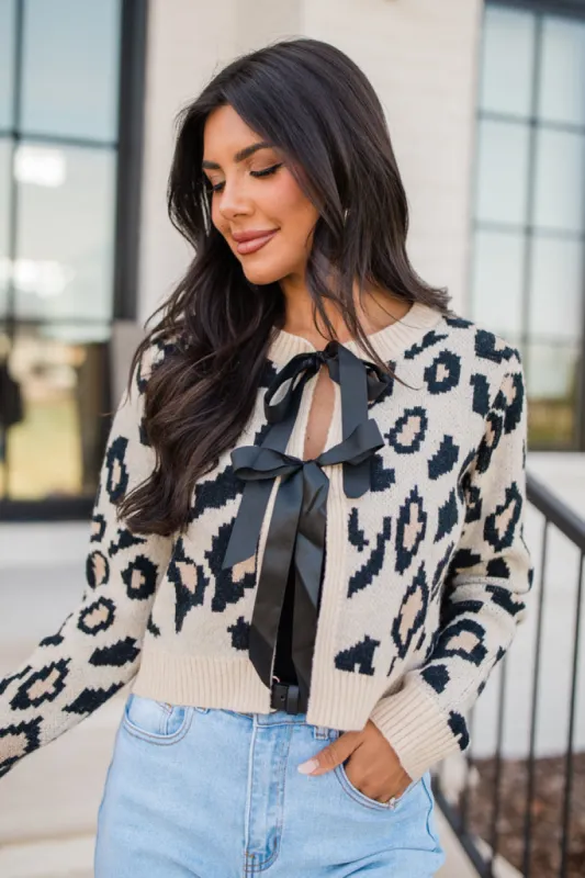 Pull It Together Beige and Black Tie Front Leopard Cardigan made by Le Lis