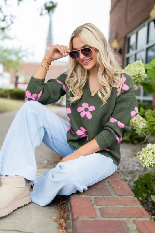 Keep You Around Olive and Pink Floral V-neck Sweater FINAL SALE sold by Pink Lily