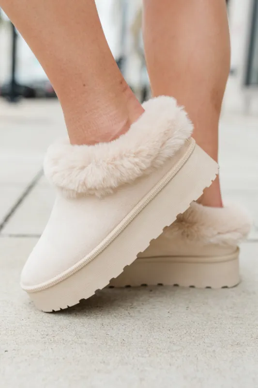 Rowe Light Beige Platform Fuzzy Slipper sold by Pink Lily