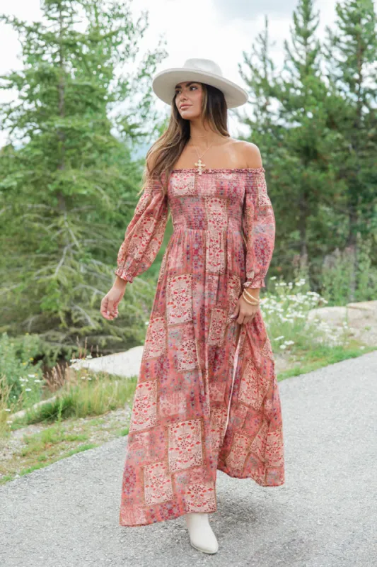 Sounds In My Mind Brick Off The Shoulder Printed Maxi Dress FINAL SALE sold by Pink Lily