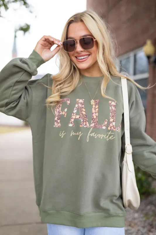 Fall Is My Favorite Olive Oversized Graphic Sweatshirt sold by Pink Lily