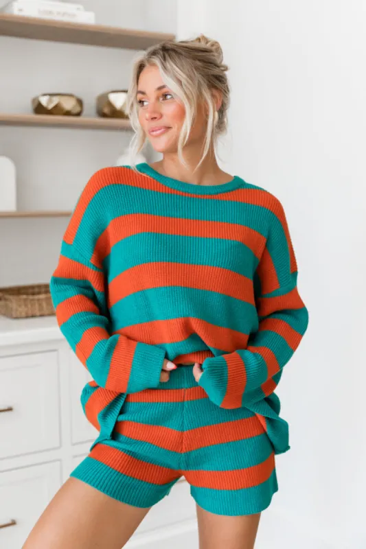 Sign Of The Times Teal And Rust Striped Sweater Set sold by Pink Lily