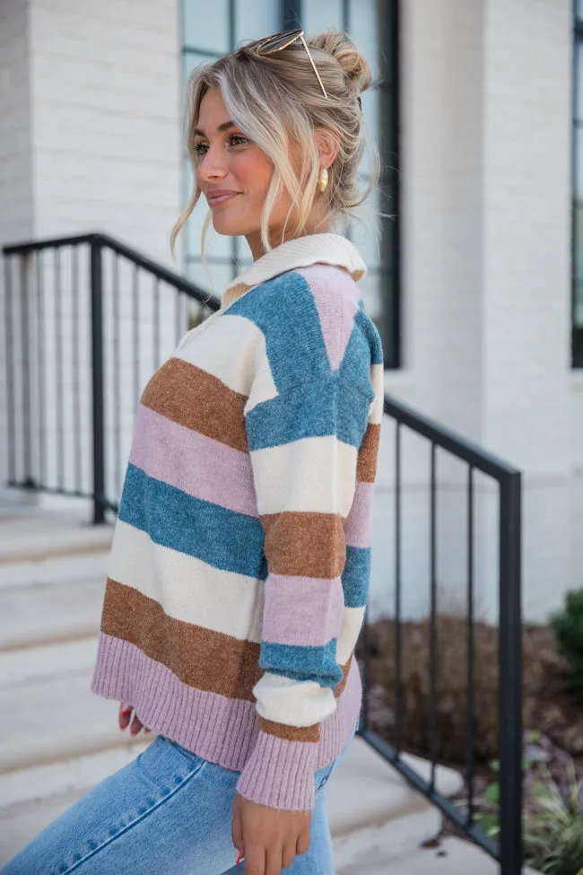 Enough Said Ivory and Dark Pink Multi Striped Henley Sweater DOORBUSTER sold by Pink Lily product image thumbnail 3