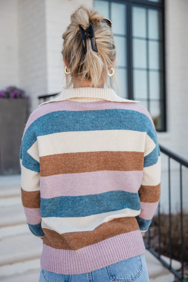 Enough Said Ivory and Dark Pink Multi Striped Henley Sweater DOORBUSTER sold by Pink Lily product image thumbnail 4