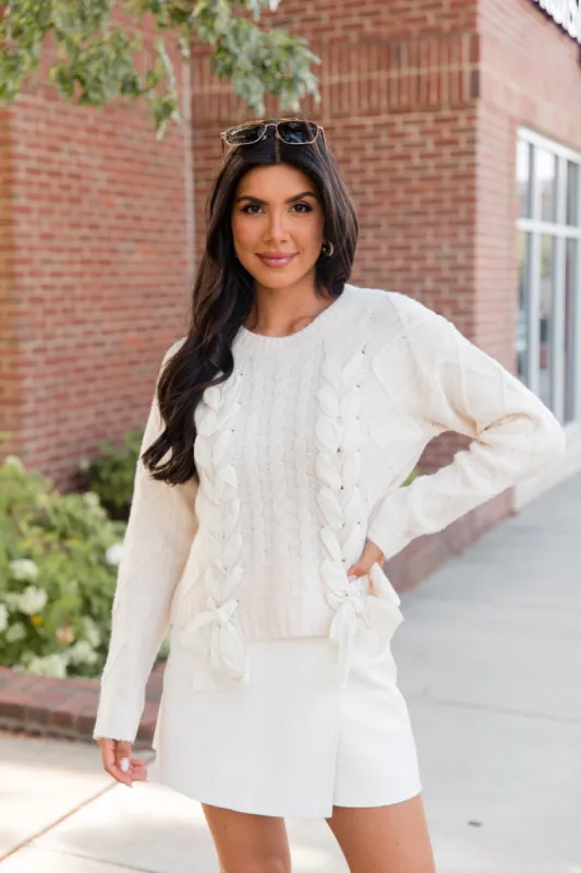 Tied To You Ivory Lace Up Sweater made by Dreamers
