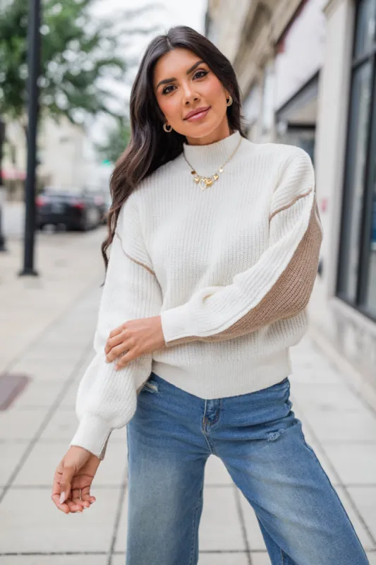 Heading To Town Ivory and Taupe Two Tone Mock Neck Sweater FINAL SALE sold by Pink Lily