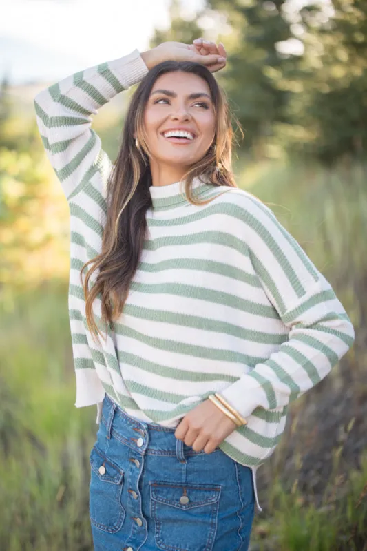 Keep On Shining Olive And Cream Striped Turtleneck Sweater FINAL SALE sold by Pink Lily