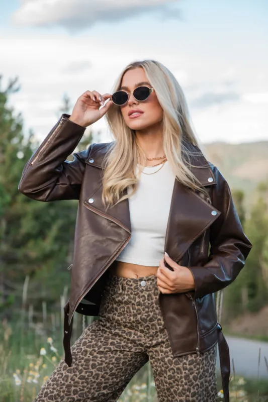 Vagabond Adventures Chocolate Brown Faux Leather Moto Jacket FINAL SALE sold by Pink Lily