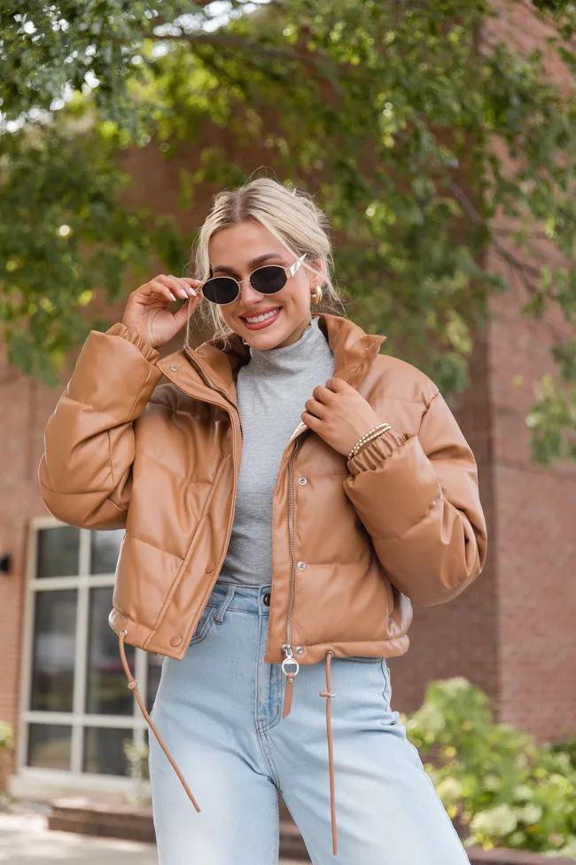 Free Reign Camel Faux Leather Puffer Jacket SALE sold by Pink Lily