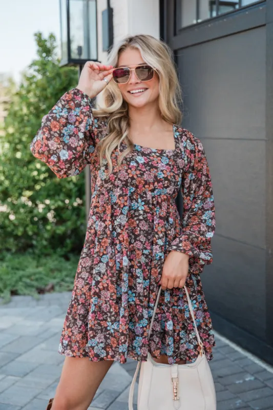 Let's Keep Going Brown Multi Square Neck Printed Long Sleeve Mini Dress FINAL SALE sold by Pink Lily