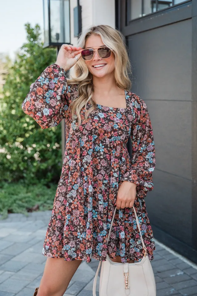 Let's Keep Going Brown Multi Square Neck Printed Long Sleeve Mini Dress FINAL SALE sold by Pink Lily